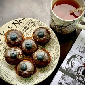 Mini muffins de harina de arroz, chocolate y arándanos